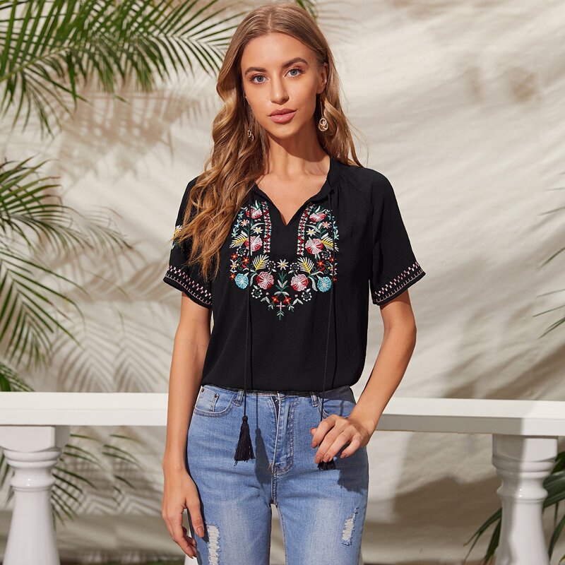 

Tie Neck Floral Embroidery Top, Black