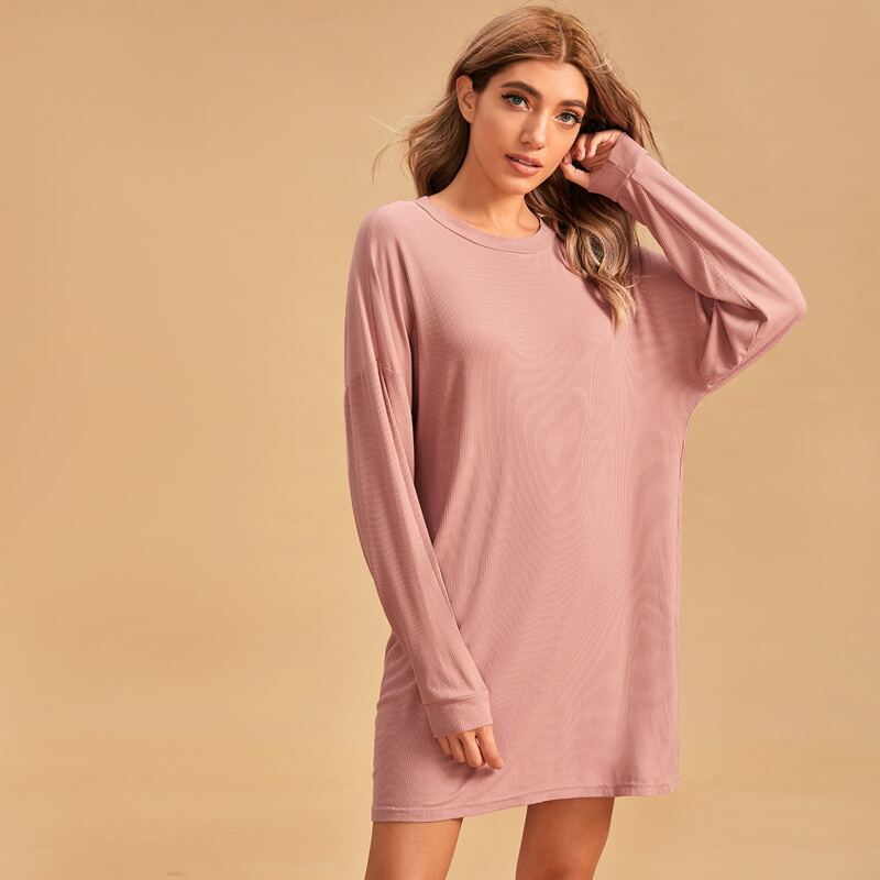 

Solid Drop Shoulder Night Dress, Pink