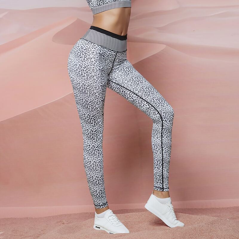 

Linlinq Striped Waist Leopard Leggings, Black and white