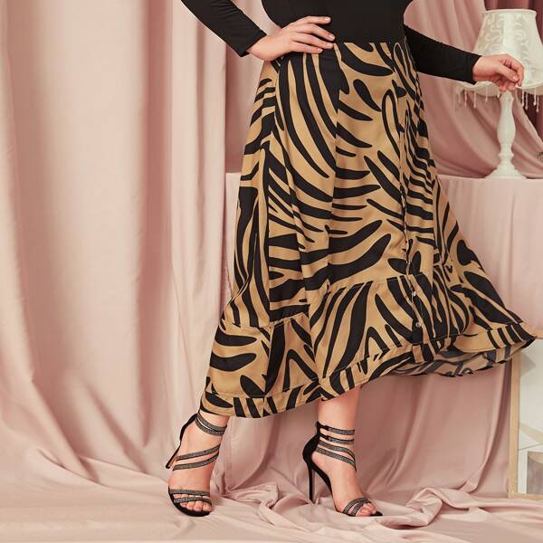 

Plus Zebra Stripe Print Ruffle Hem Skirt, Multicolor