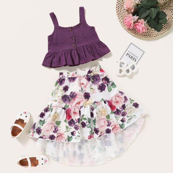 

Toddler Girls Ruffle Hem Cami Top With Floral Print Asymmetrical Skirt, Multicolor