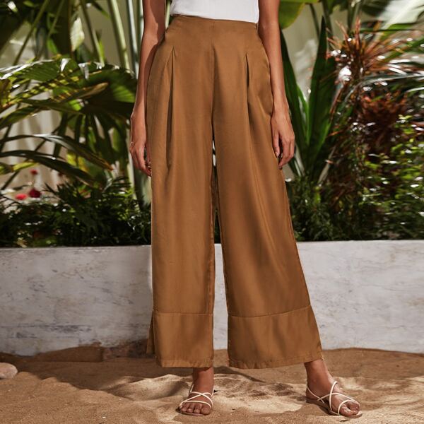 

Solid Elastic Waist Wide Leg Pants, Brown