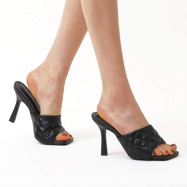 

Open Toe Quilted Stiletto Heeled Mules, Black