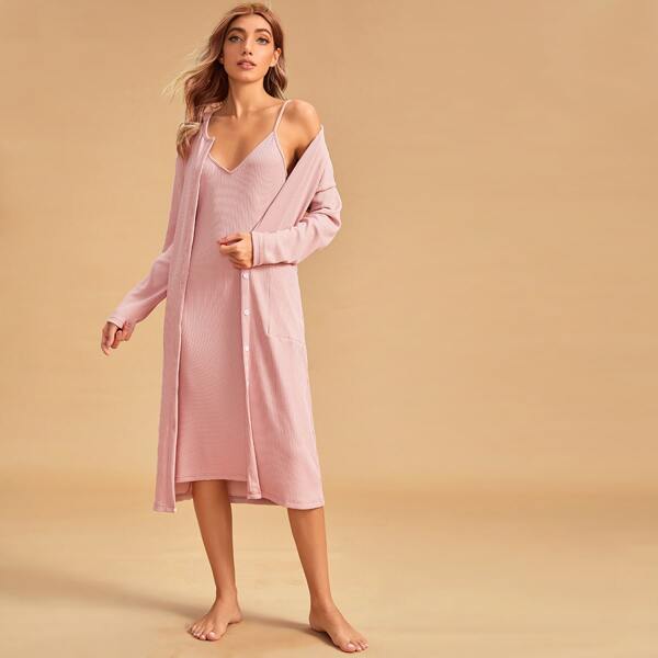

Rib-knit Button Front Robe With Cami Dress Set, Pink