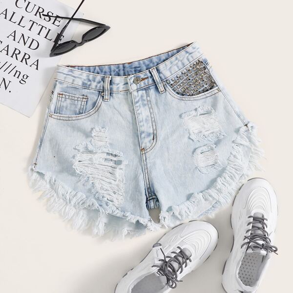 

Contrast Rivet Ripped Raw Hem Denim Shorts, Blue