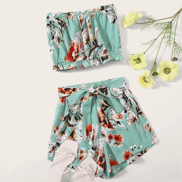 

Floral Frill Tube Top With Belted Shorts, Green
