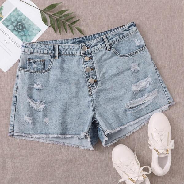 

Plus Button Fly Ripped Raw Hem Denim Shorts, Light wash