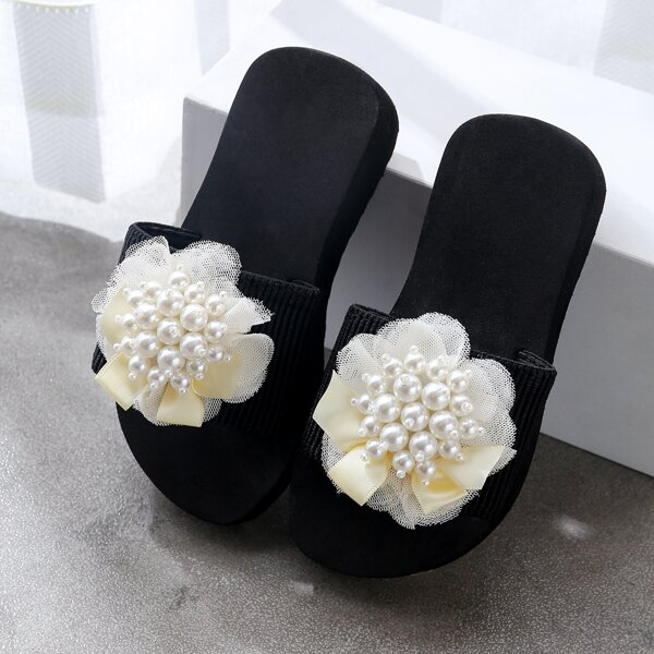 

Toddler Girls Faux Pearl Decor Sliders, Black