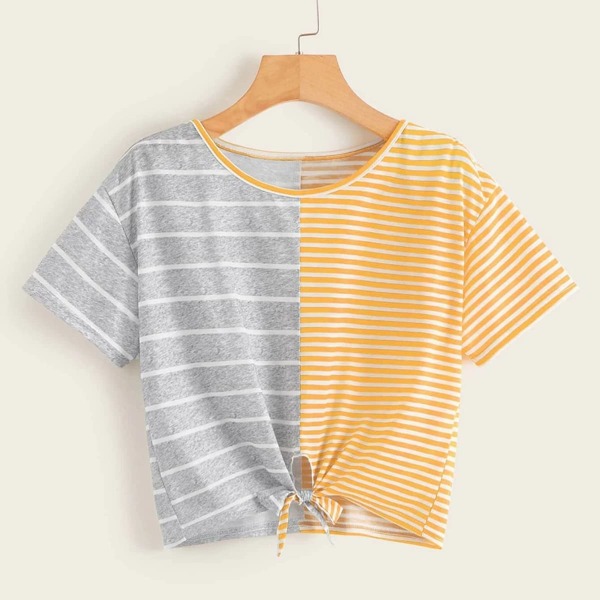 

Plus Tie Hem Mixed Stripe Tee, Multicolor