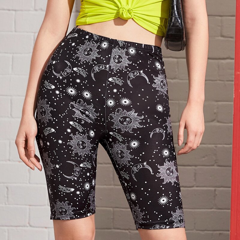 

Sun & Moon Print Biker Shorts, Black