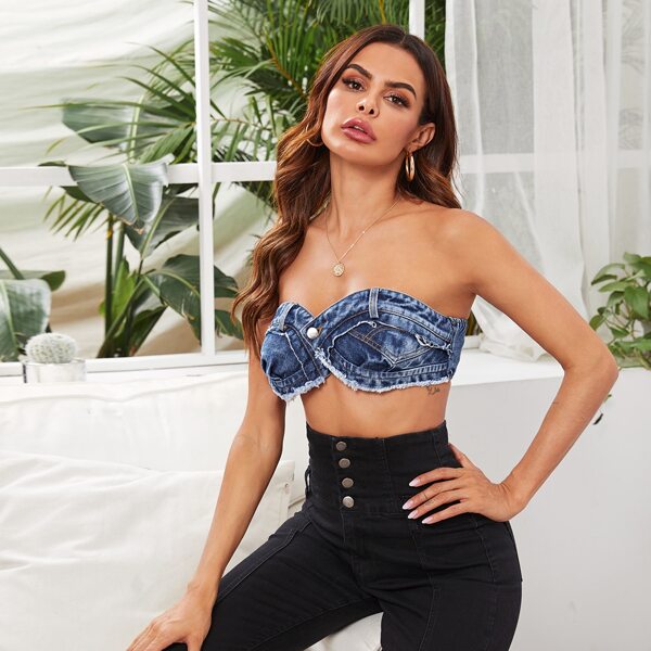 

Button Front Raw Hem Denim Tube Top, Blue