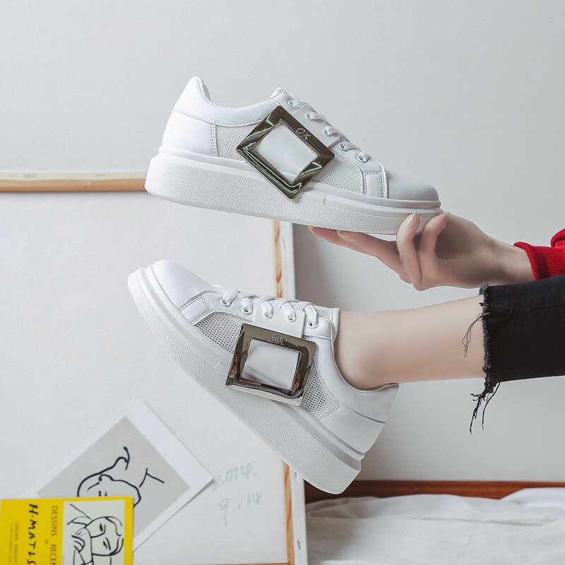

Lace-up Front Buckle Decor Sneakers, White