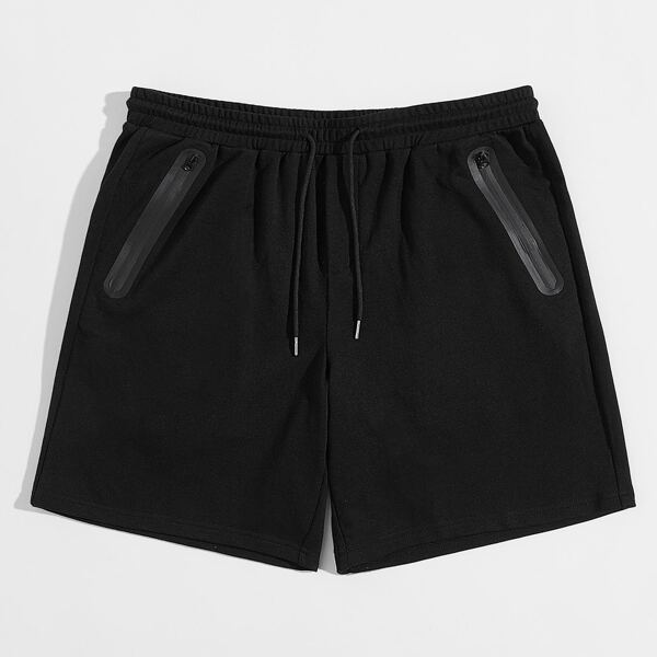 

Men Drawstring Waist Zip Front Track Shorts, Black