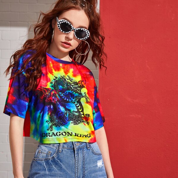

Dragon Print Tie Dye Boxy Tee, Multicolor
