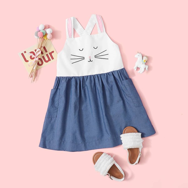 

Toddler Girls Rabbit Print Dual Pockets Cami Dress, Multicolor