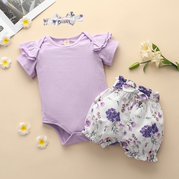 

Baby Girl Frill Trim Bodysuit & Floral Belted Shorts & Headband, Purple