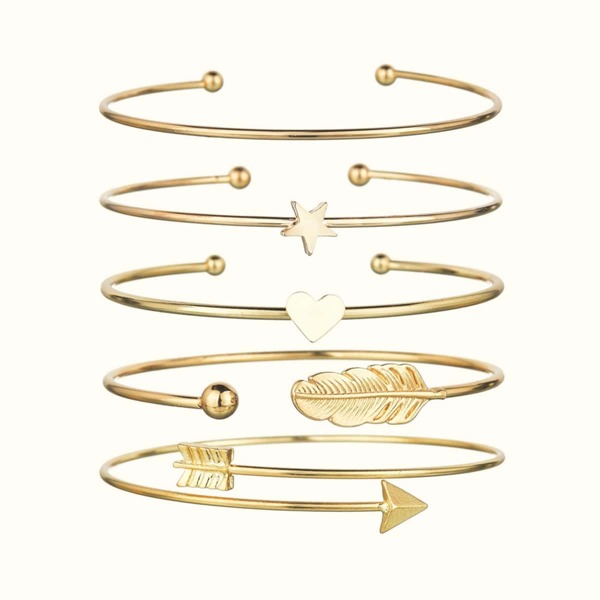 

5pcs Heart Decor Cuff Bracelet, Gold