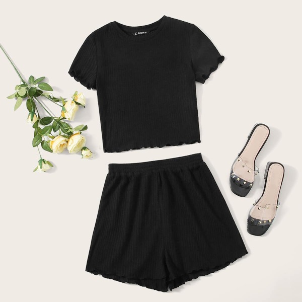 

Lettuce Trim Rib-knit Top & Shorts Set, Black