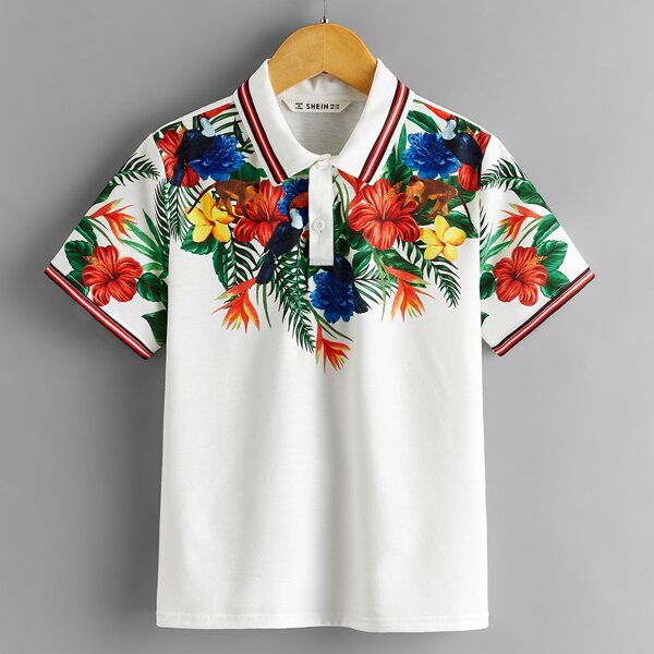 

Boys Striped Trim Tropical Print Polo Shirt, White