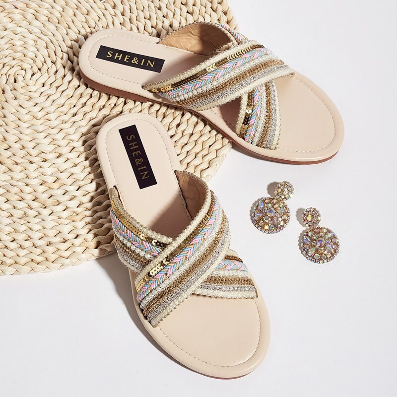 

Colorblock Cross Strap Sliders, Beige