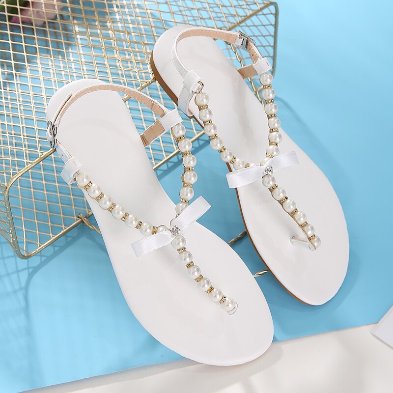 

Faux Pearl Decor Thong Sandals, White