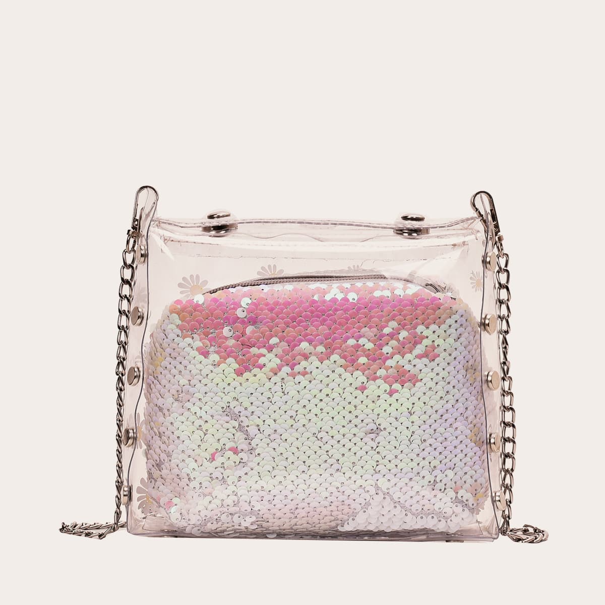 

Clear Chain Crossbody Bag With Sequin Inner Pouch, Pink