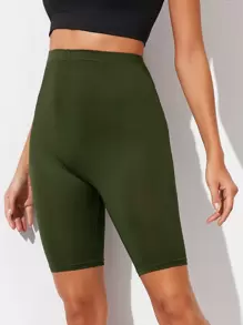 SHEIN Essnce 素色高腰騎行短褲 - 軍綠色 - 查看 3