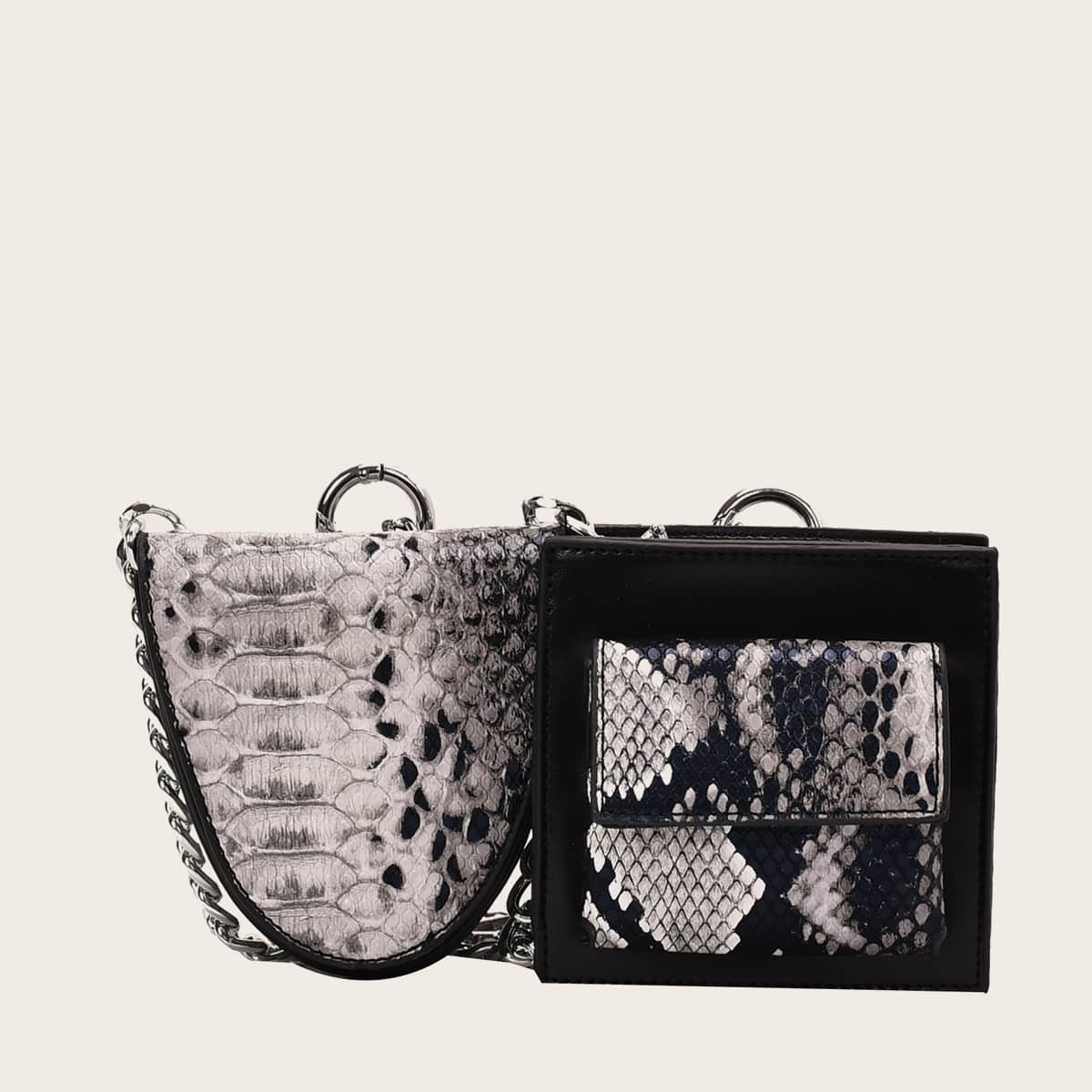 

2pcs Snakeskin Print Chain Bag, Black