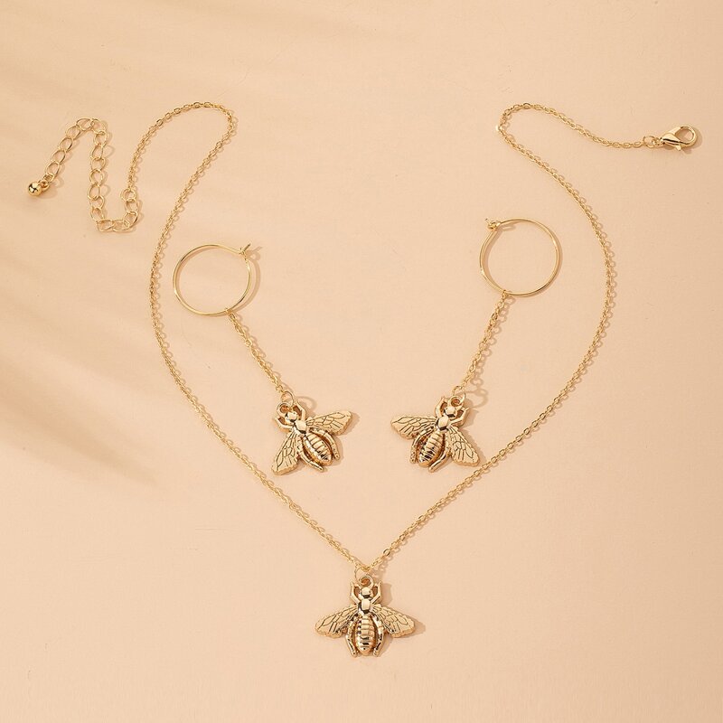 

1pc Bee Charm Necklace & 1pair Drop Earrings, Gold