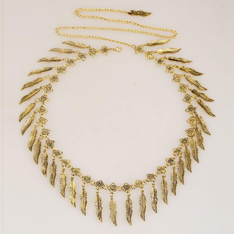 

Leaf Charm Waist Chain Belt, Gold
