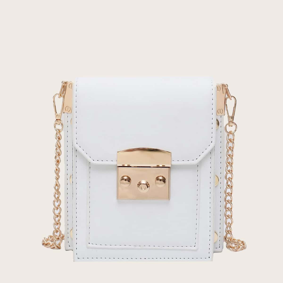 

Metal Lock Chain Crossbody Bag, White