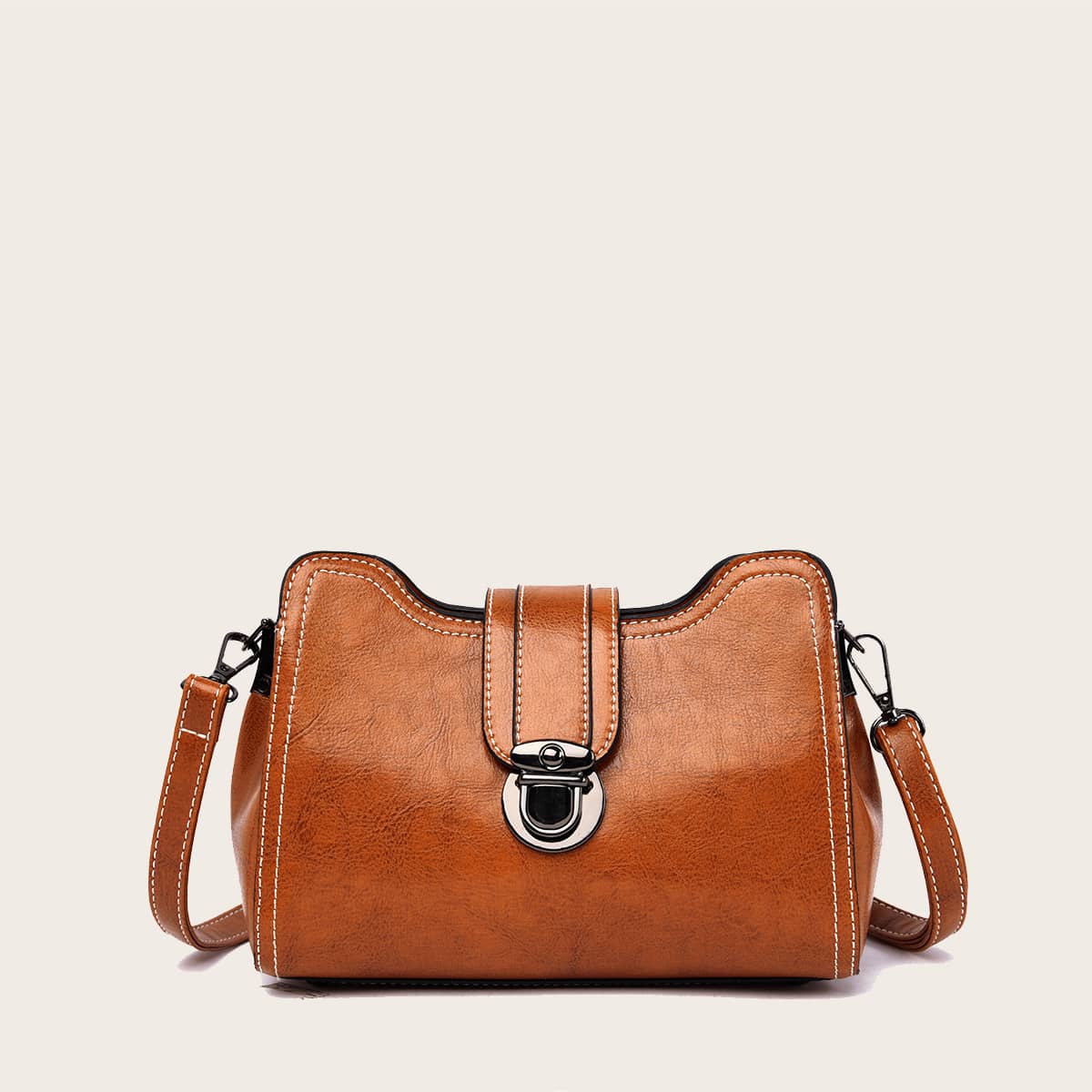 

Stitch Detail Push Lock Crossbody Bag, Brown