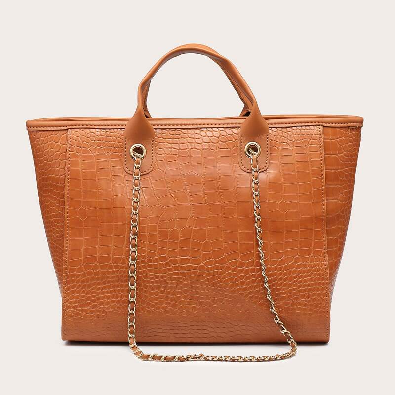 

Croc Embossed Satchel Bag, Brown