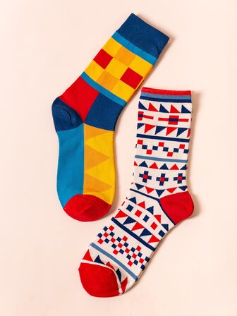 2pairs Guys Geo Pattern Socks