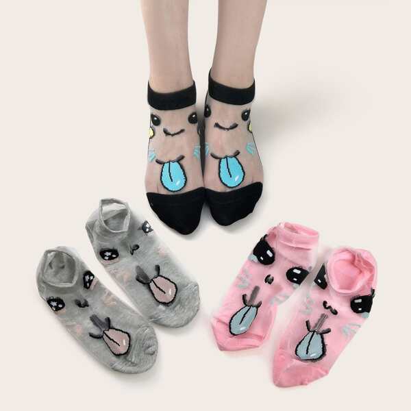 

3pairs Cartoon Graphic Mesh Socks, Multicolor