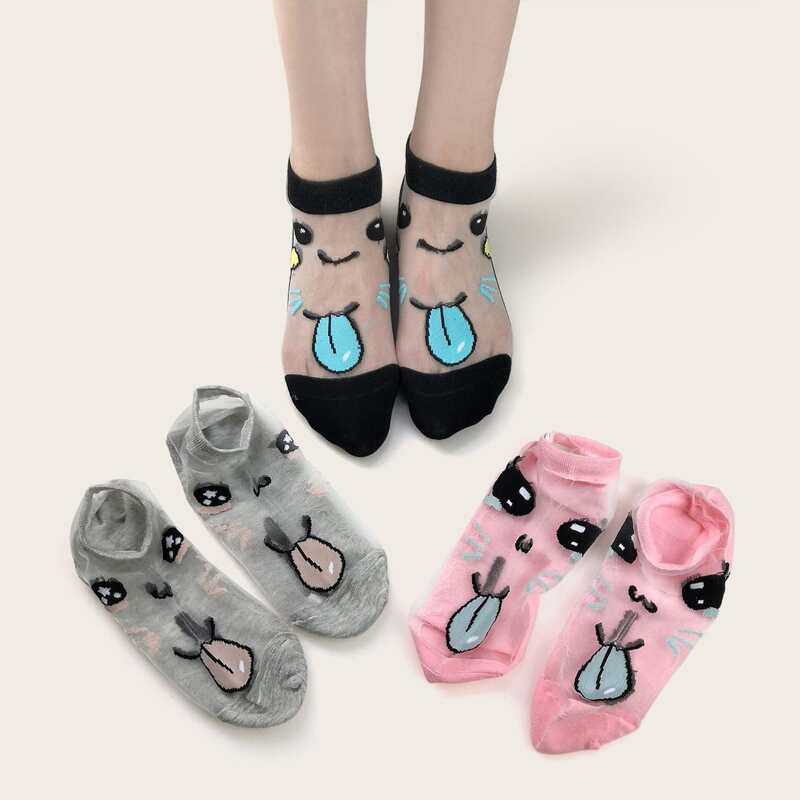 

3pairs Cartoon Graphic Mesh Socks, Multicolor