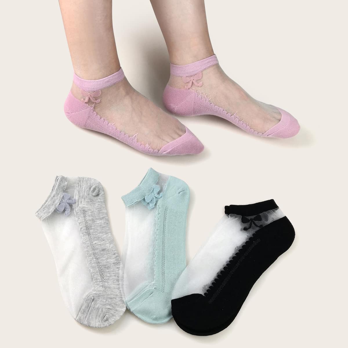 

4pairs Bow Knot Decor Mesh Socks, Multicolor