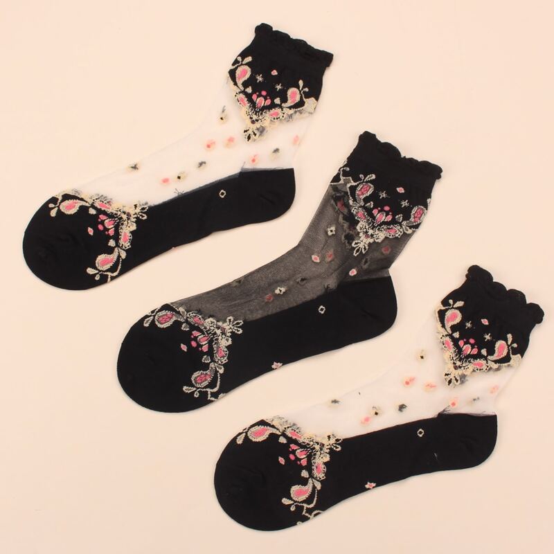 

3pairs Floral Pattern Mesh Socks, Black