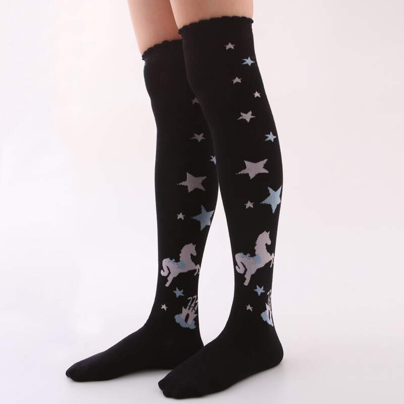 

Star Pattern Lace Trim Socks, Black