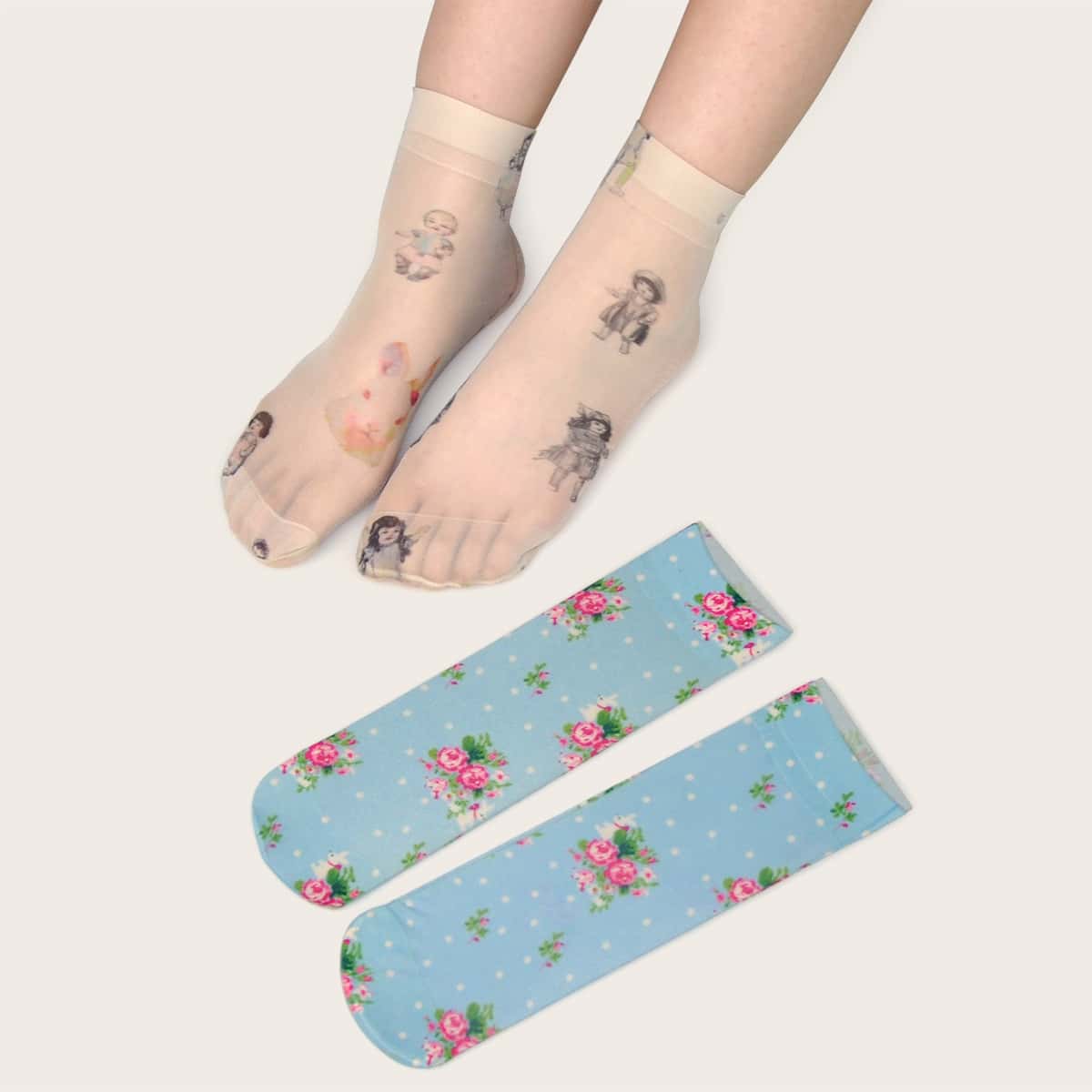 

2pairs Floral Pattern Socks, Multicolor