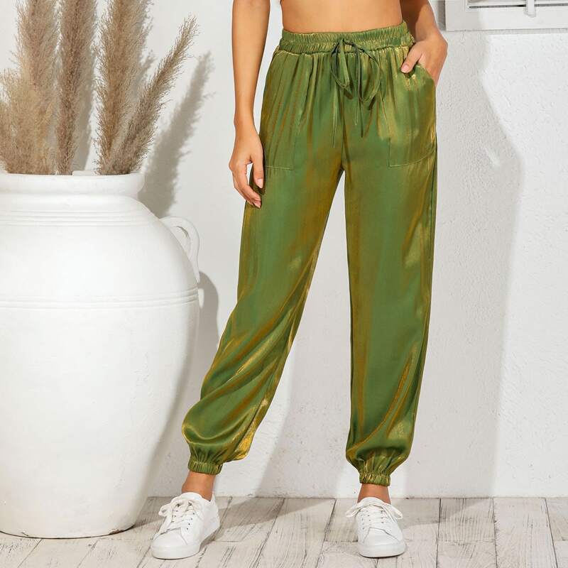 

Metallic Knot Front Dual Pocket Sweatpants, Green