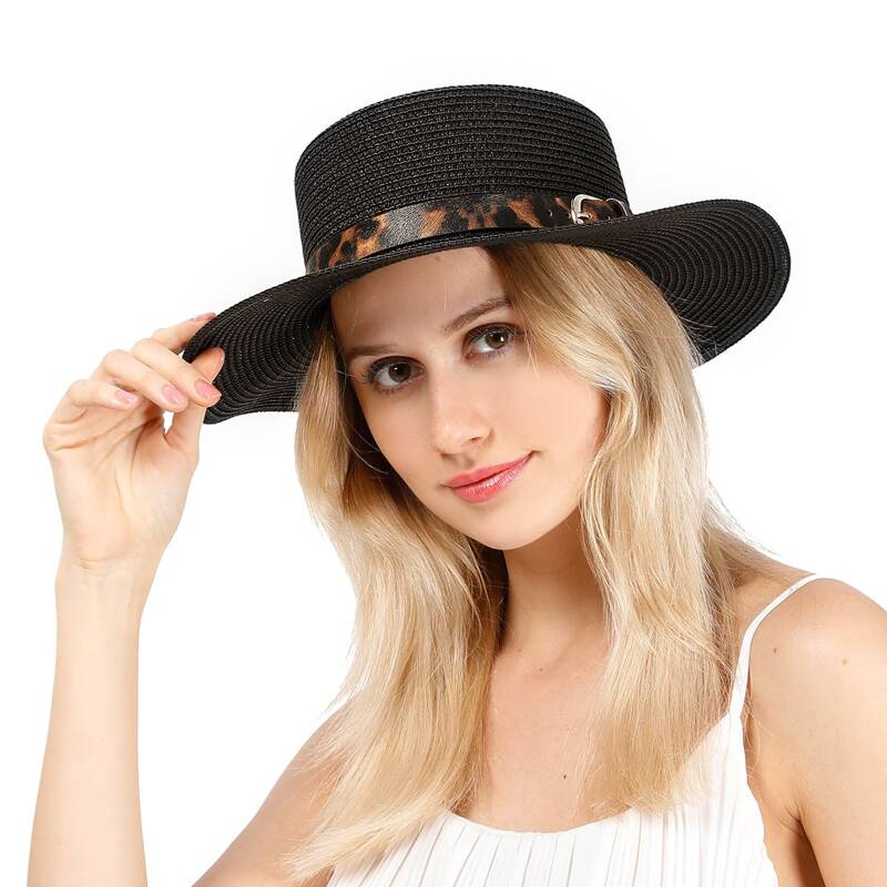 

Leopard Pattern Band Decor Straw Hat, Black