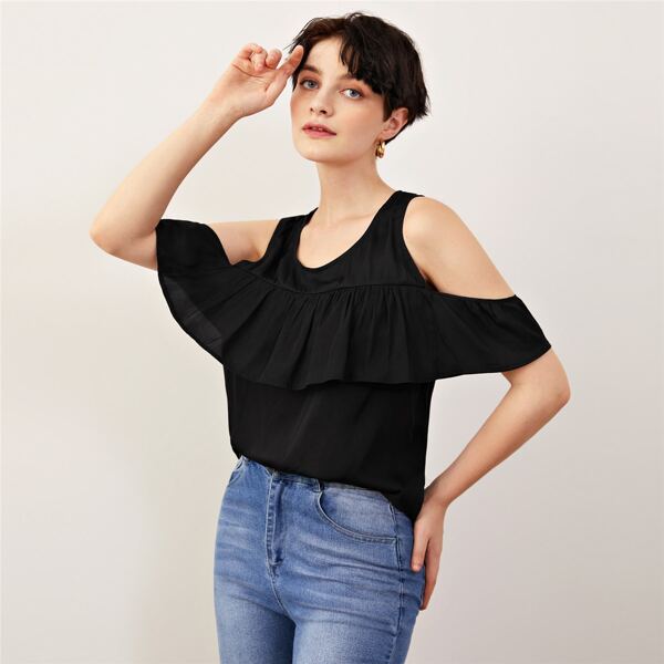 

Solid Cold Shoulder Flounce Blouse, Black