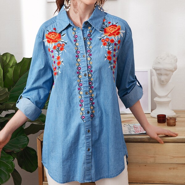 

Rolled-up Sleeve Tribal Embroidery Blouse, Blue