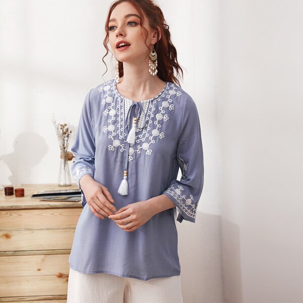 

Tie Neck Tribal Embroidery Blouse, Grey