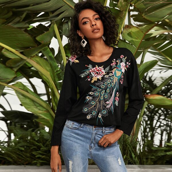 

Tribal Embroidery Long Sleeve Tee, Black