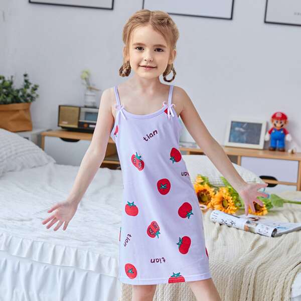 

Toddler Girls Tomato And Letter Graphic Night Dress, Purple