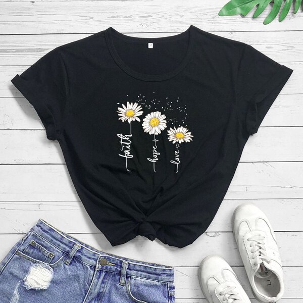 

Daisy Floral And Letter Graphic Tee, Black