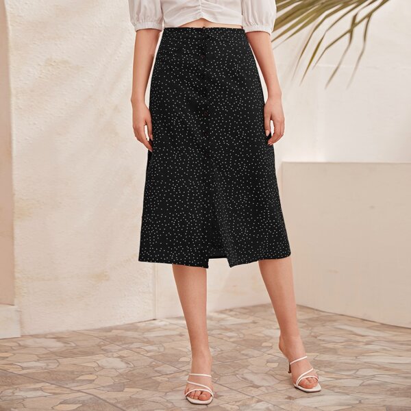 

Button Front Polka-dot Print Skirt, Black