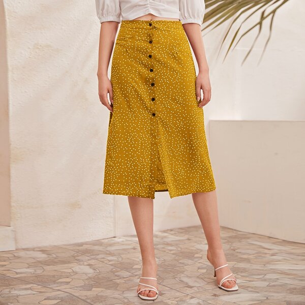 

Button Front Polka-dot Print Skirt, Yellow